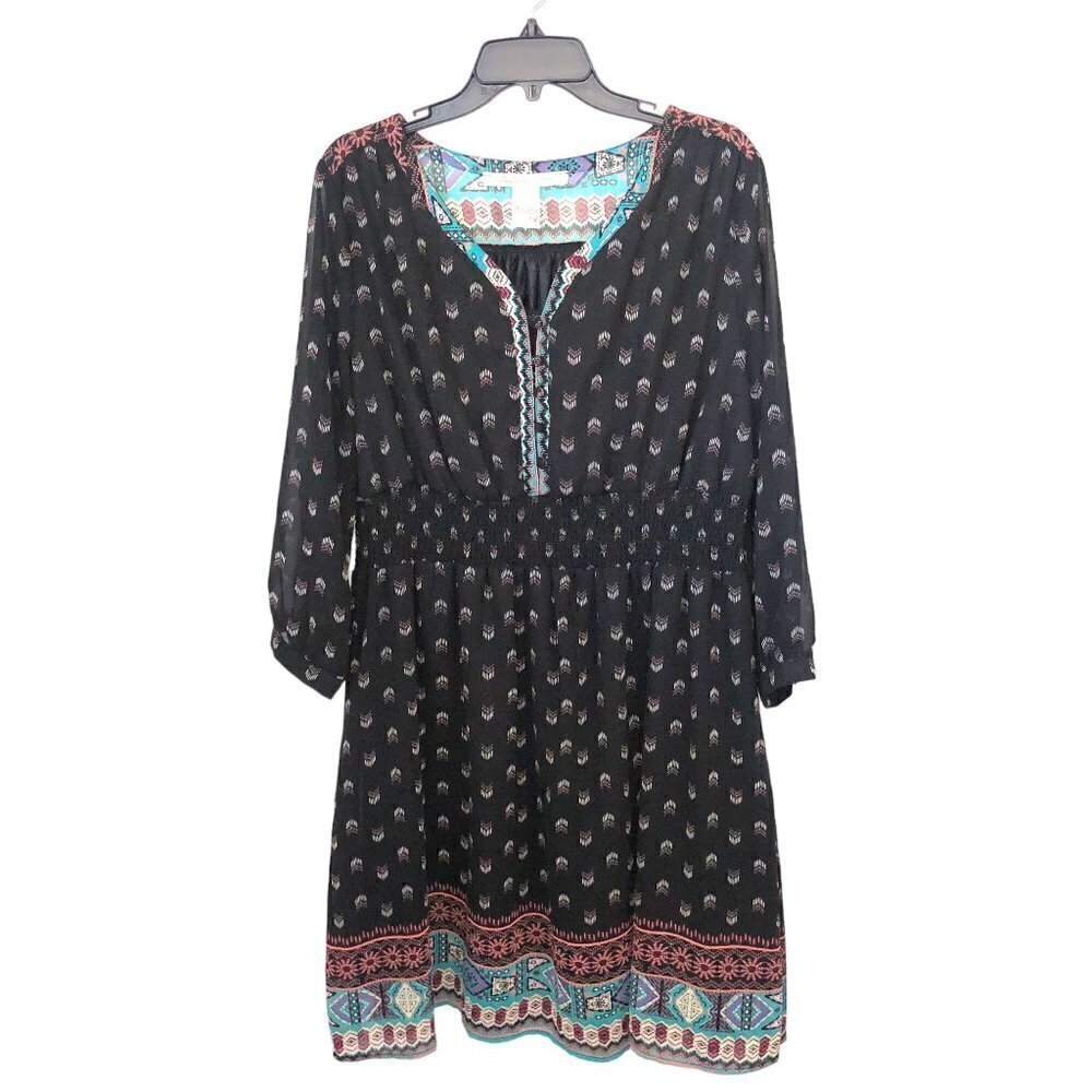 American Rag Long Sleeve Boho Dress Black Print Flowy Women's Size 1X